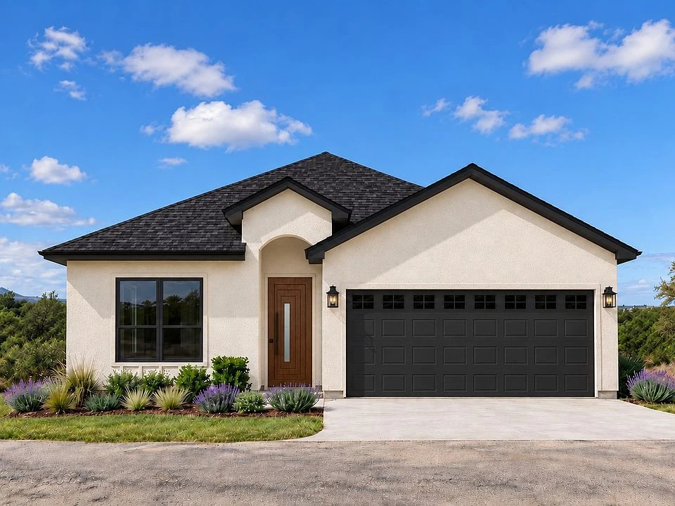 Rendering of the cream stucco front elevation at 816 Oak Lane, with a wood entry door and dark two-car garage.