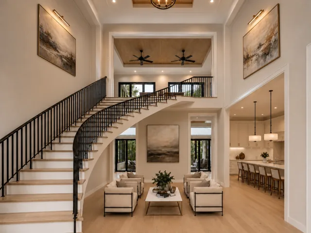 Double-height great room with a sweeping staircase and oak ceiling