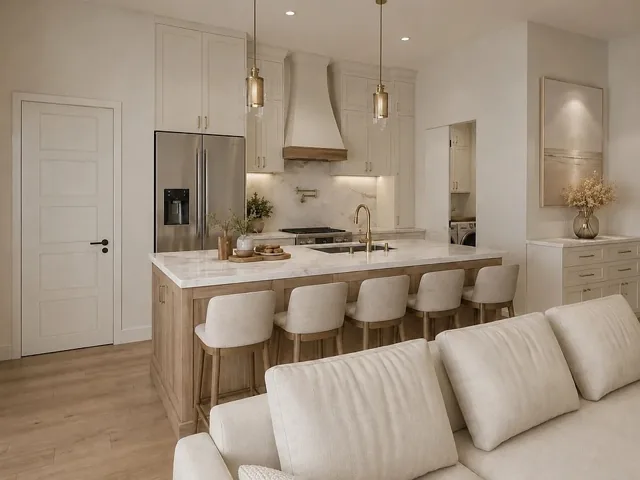 Kitchen and living area rendering at 816 Oak Lane with a wood island, cream cabinets, pendant lights, and brass fixtures.